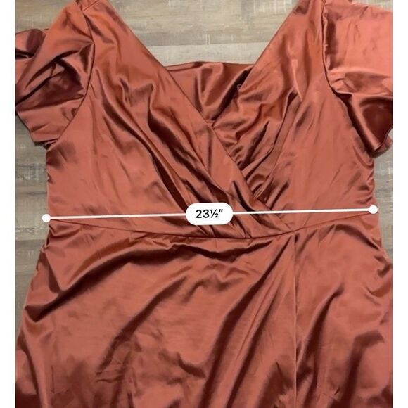 Plus Size 26 Rust Satin Wrap Maxi Dress Flutter Sleeve Slit Formal Evening Gown - Picture 10 of 10